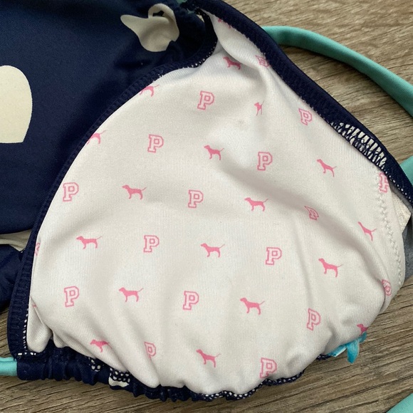 Victoria’s Secret Pink Triangle Bikini Top Dog Heart Print Y2k Blue White - Picture 3 of 3